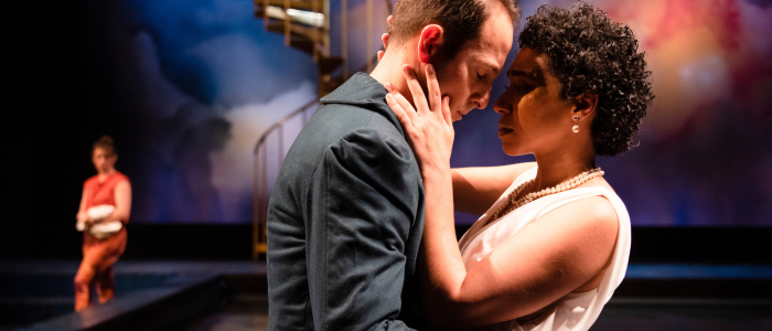 Connecticut Repertory Theatre's METAMORPHOSES (Fall 2022): King Ceyx (guest AEA actor Jordan Sobel) and Alcyone (Kiera Prusmack) say farewell before his fateful sea voyage.