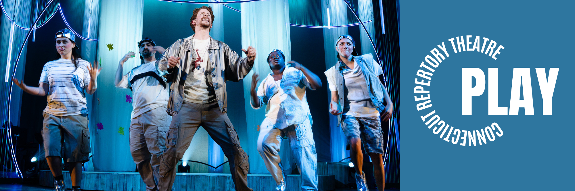 Orlando and the DeBoys Dancers sing words of love to Rosalind, boy band style. Text reads Connecticut Repertory Theatre: Play